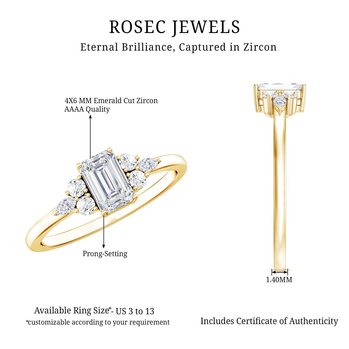 1 CT Octagon Cut Cubic Zirconia Engagement Ring with Trio