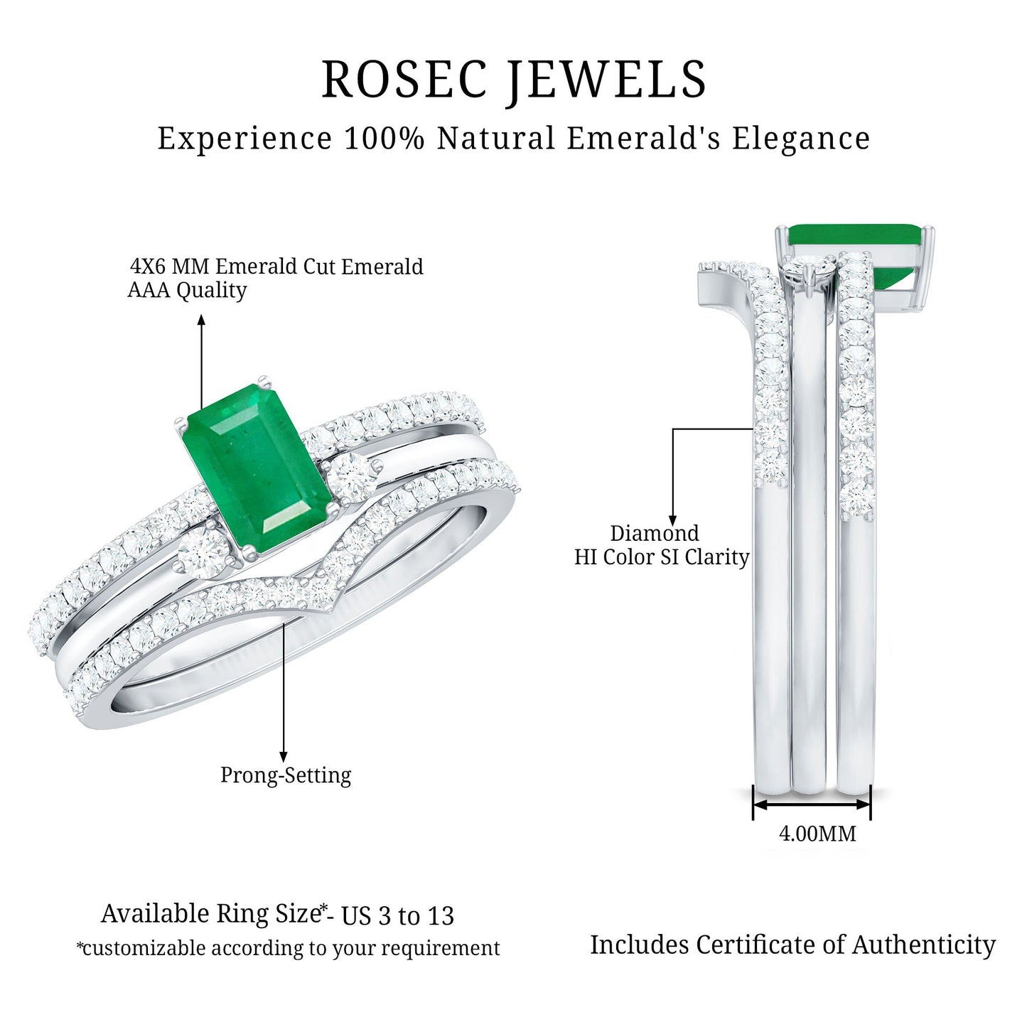 Natural Emerald Cut Emerald Diamond 3 Piece Bridal Ring Set