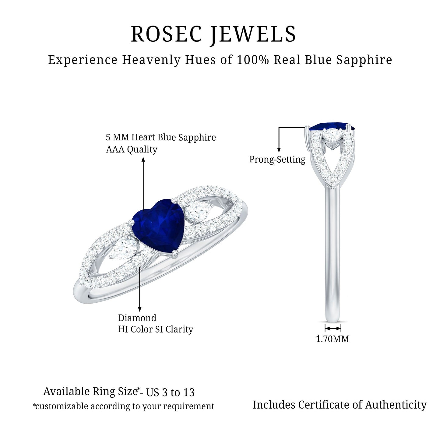 1 CT Elegant Blue Sapphire Solitaire Heart Ring with Diamond