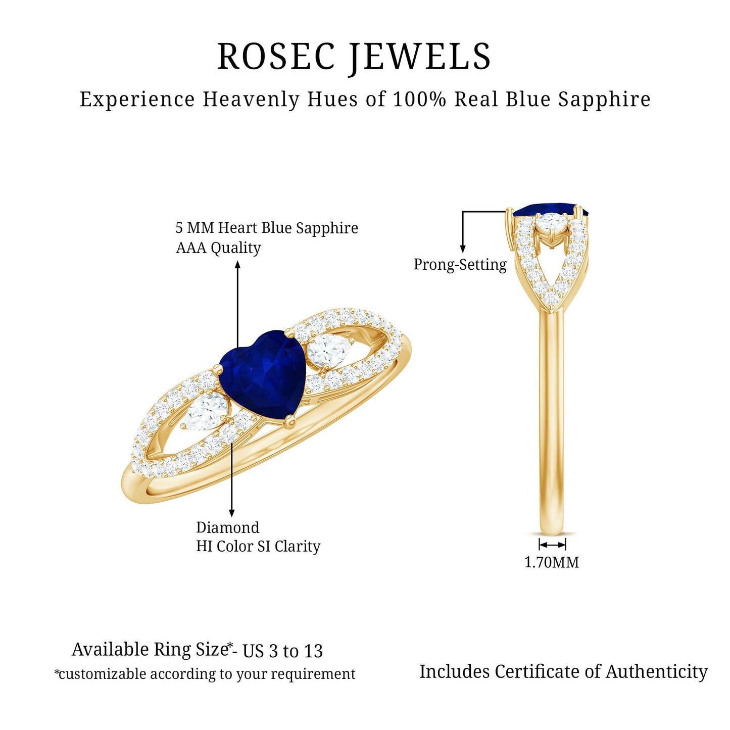 1 CT Elegant Blue Sapphire Solitaire Heart Ring with Diamond