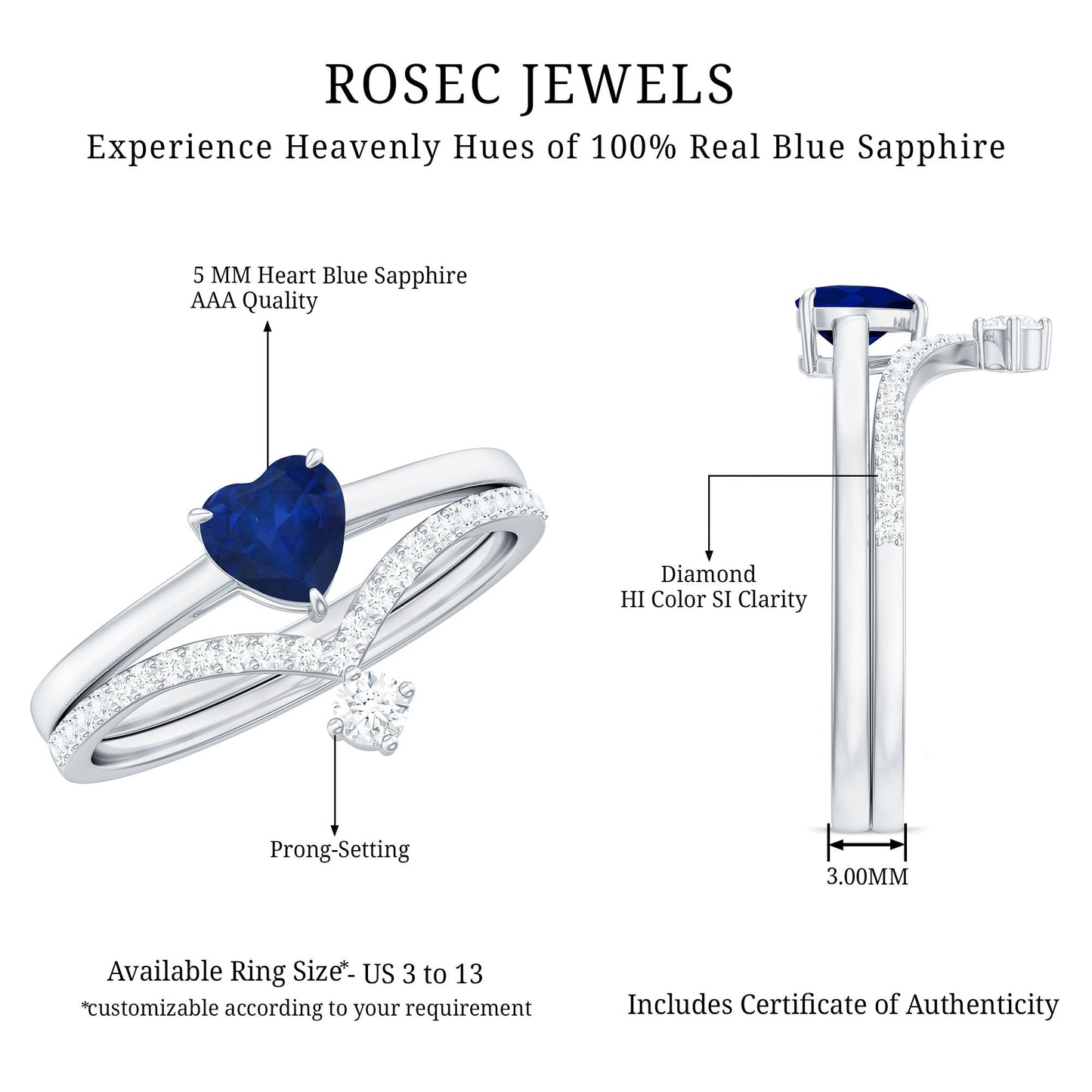 1 CT Heart Shape Blue Sapphire Solitaire Ring Set with Diamond Enhancer Band