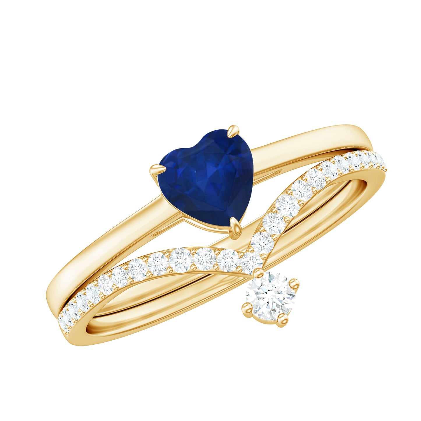 1 CT Heart Shape Blue Sapphire Solitaire Ring Set with Diamond Enhancer Band