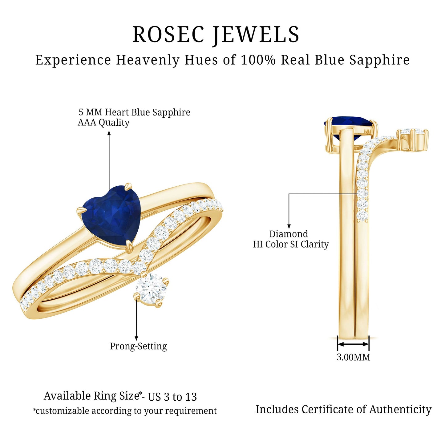 1 CT Heart Shape Blue Sapphire Solitaire Ring Set with Diamond Enhancer Band