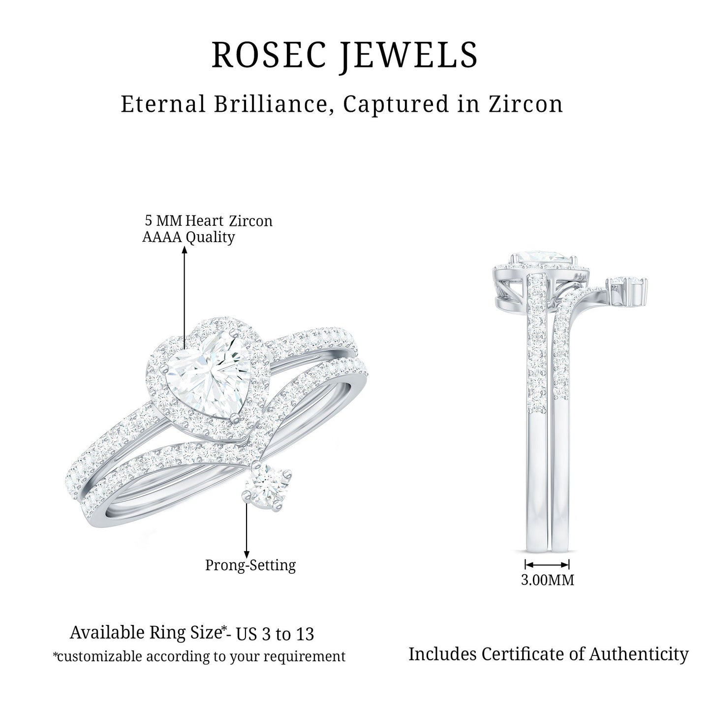Cubic Zirconia Heart Ring Set with V Shape Band