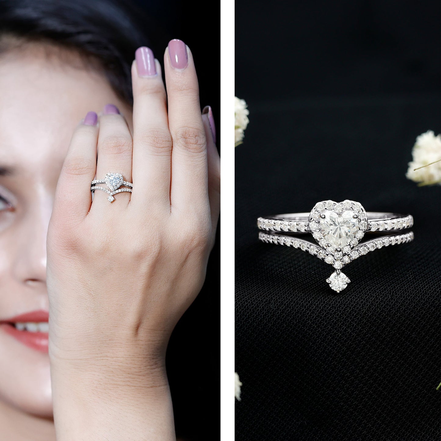 Cubic Zirconia Heart Ring Set with V Shape Band