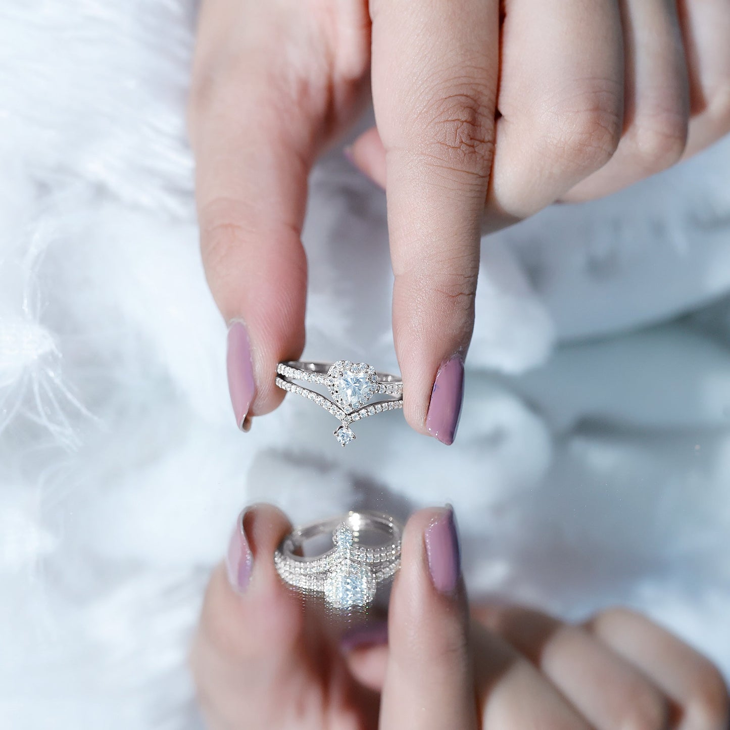 Cubic Zirconia Heart Ring Set with V Shape Band