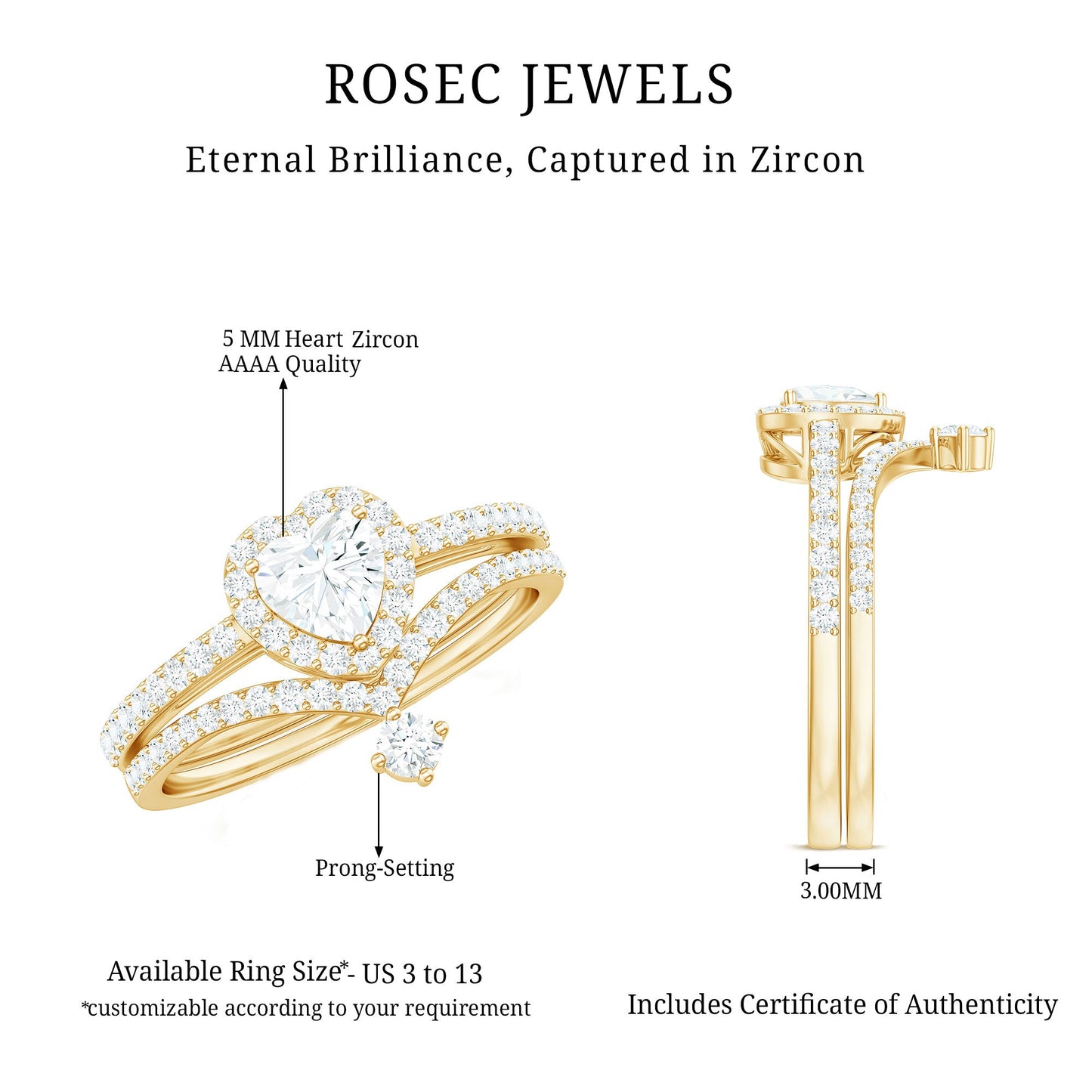 Cubic Zirconia Heart Ring Set with V Shape Band