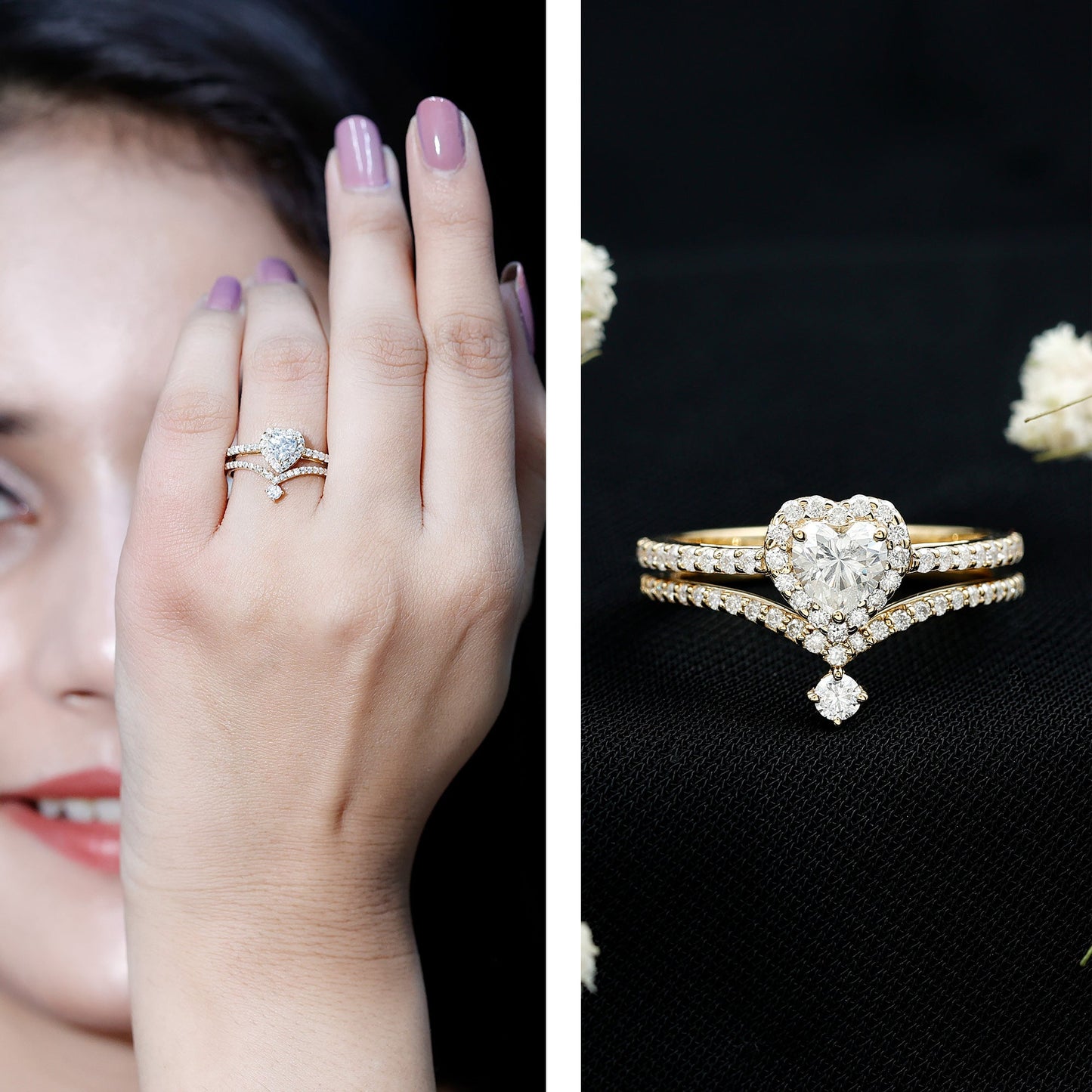 Cubic Zirconia Heart Ring Set with V Shape Band