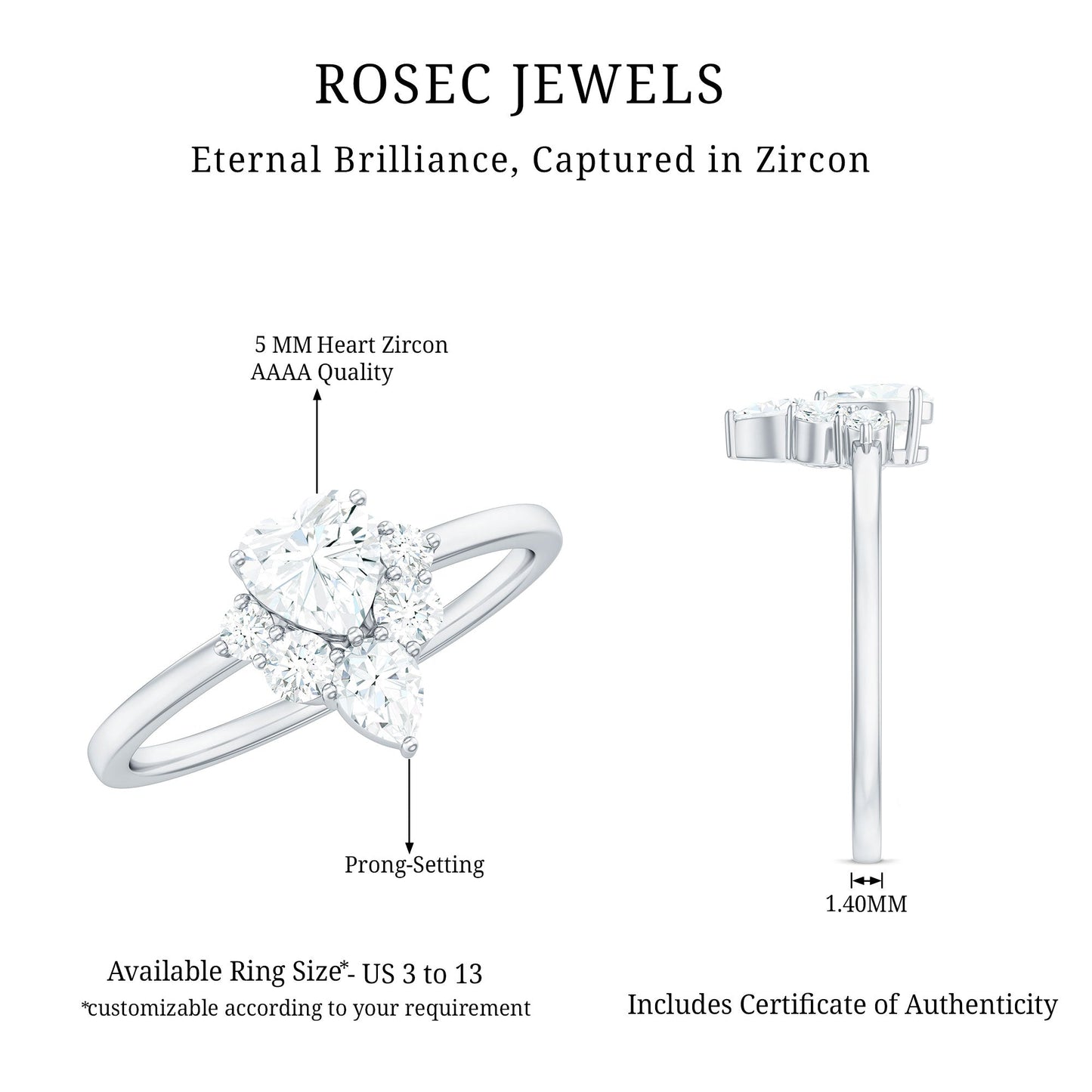 1 CT Cubic Zirconia Heart Engagement Ring with Side Stones