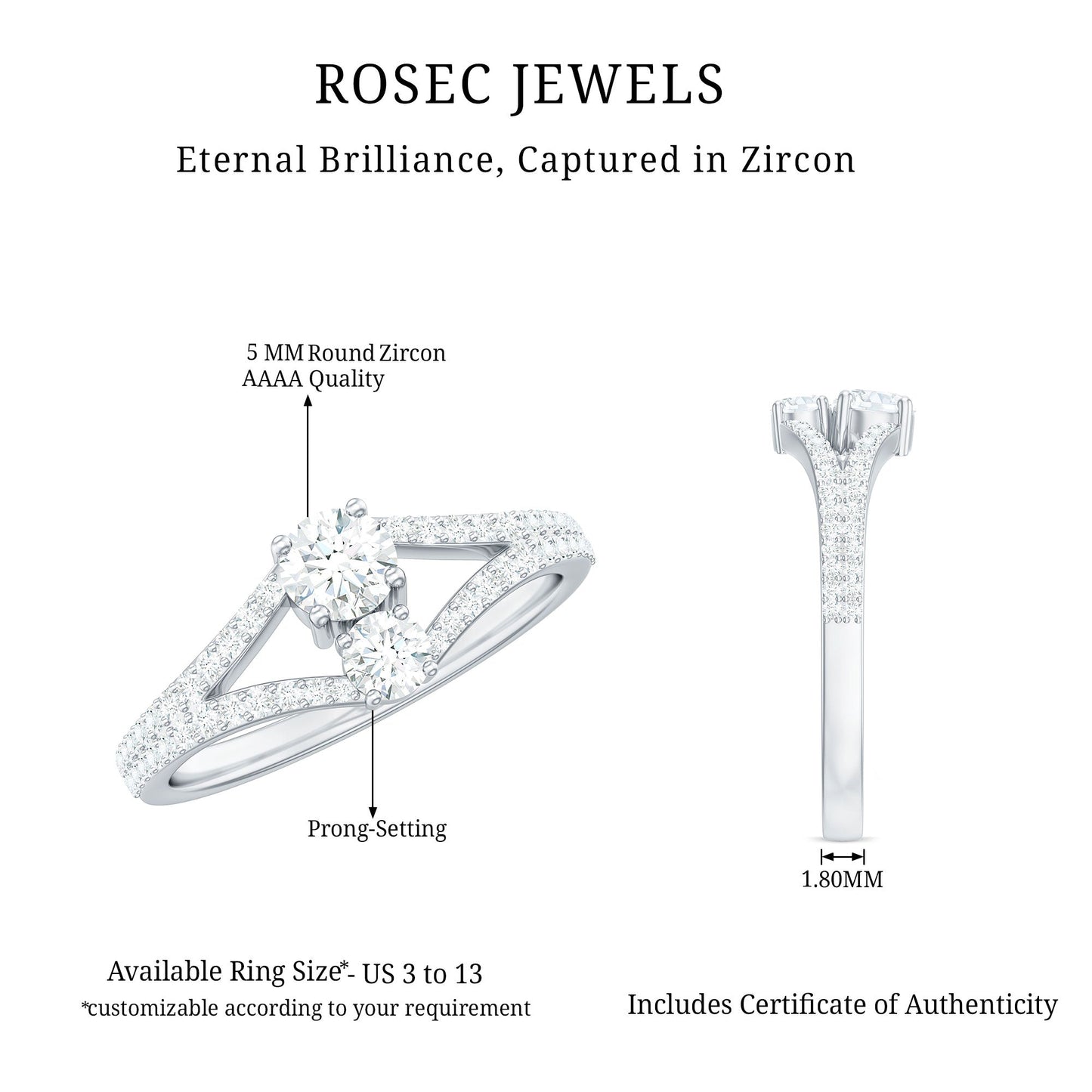 3/4 CT Zircon Two Stone Engagement Ring with Split Shank