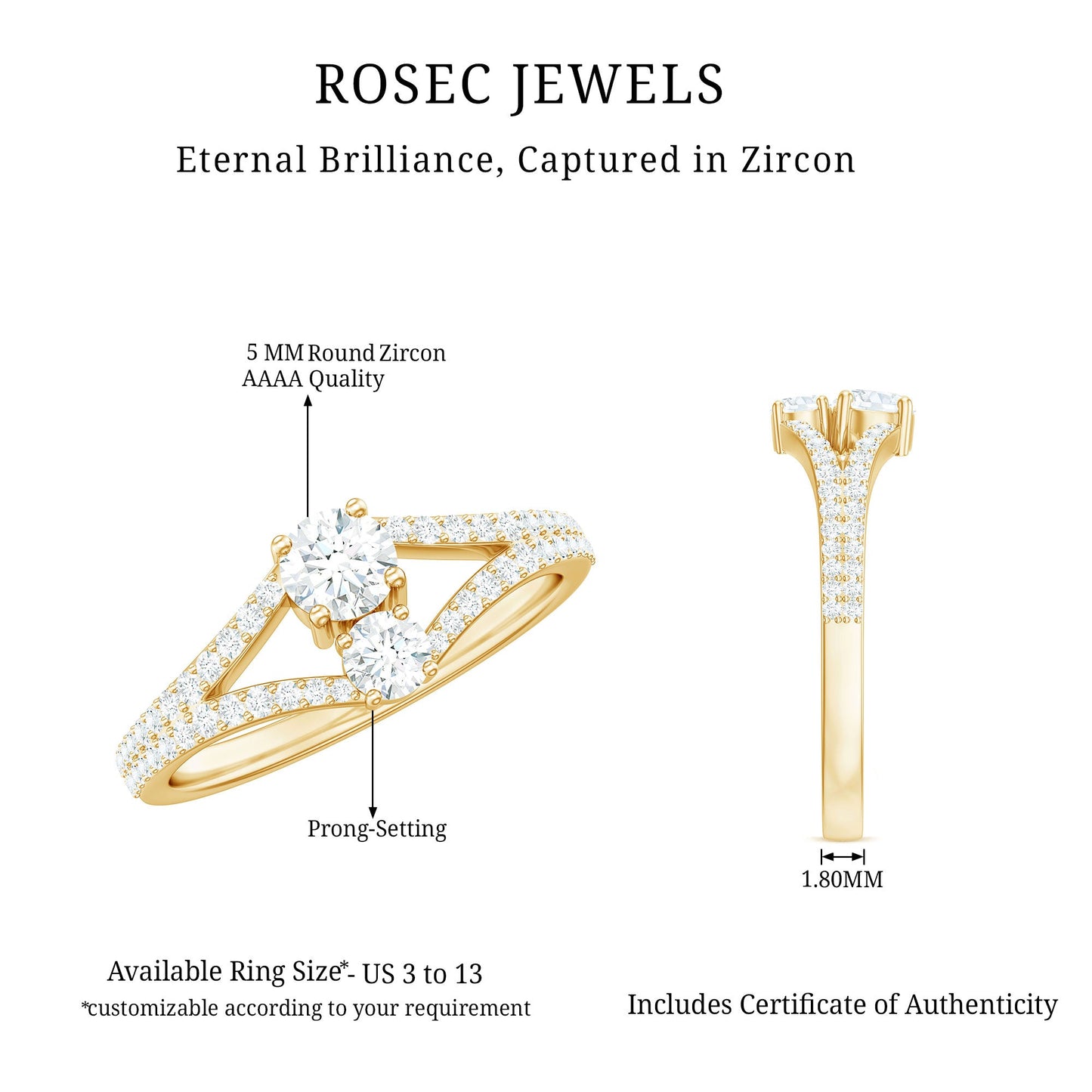 3/4 CT Zircon Two Stone Engagement Ring with Split Shank
