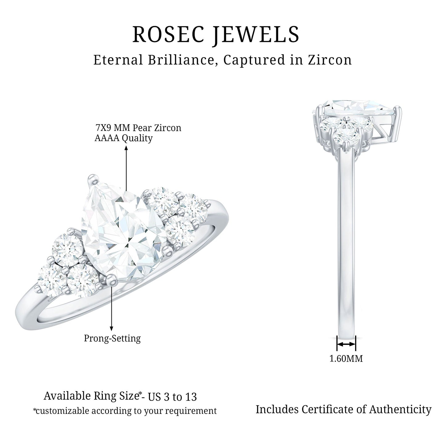 Zircon Teardrop Engagement Ring with Cluster Accent