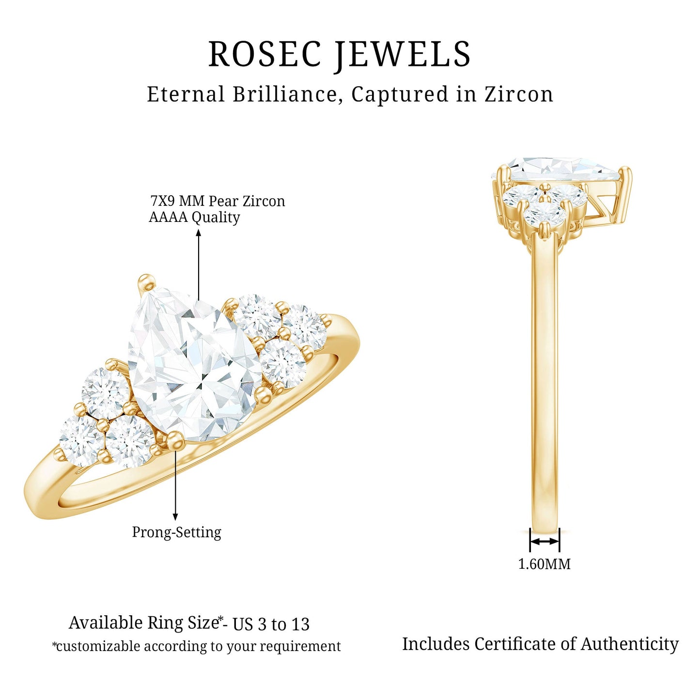 Zircon Teardrop Engagement Ring with Cluster Accent
