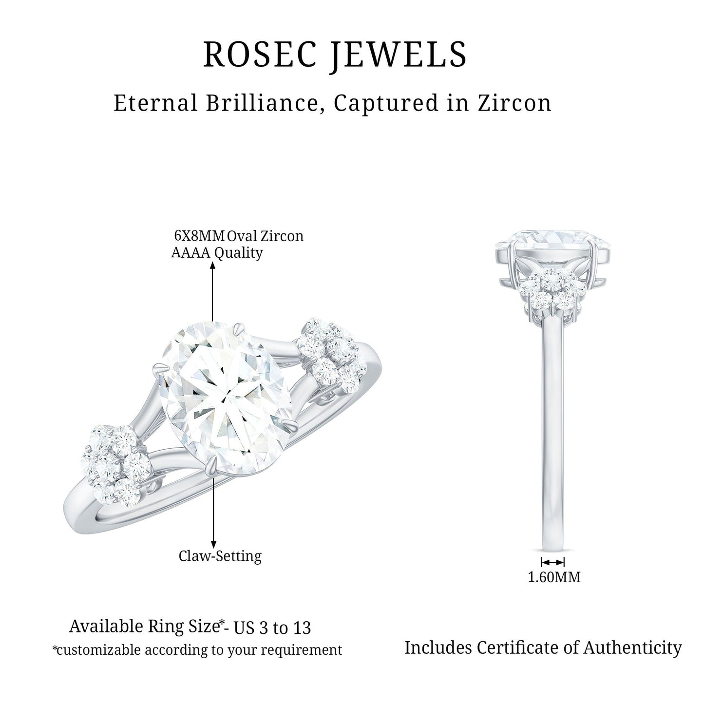 1 Carat Oval Cut Zircon Flower Engagement Ring with Split Shank