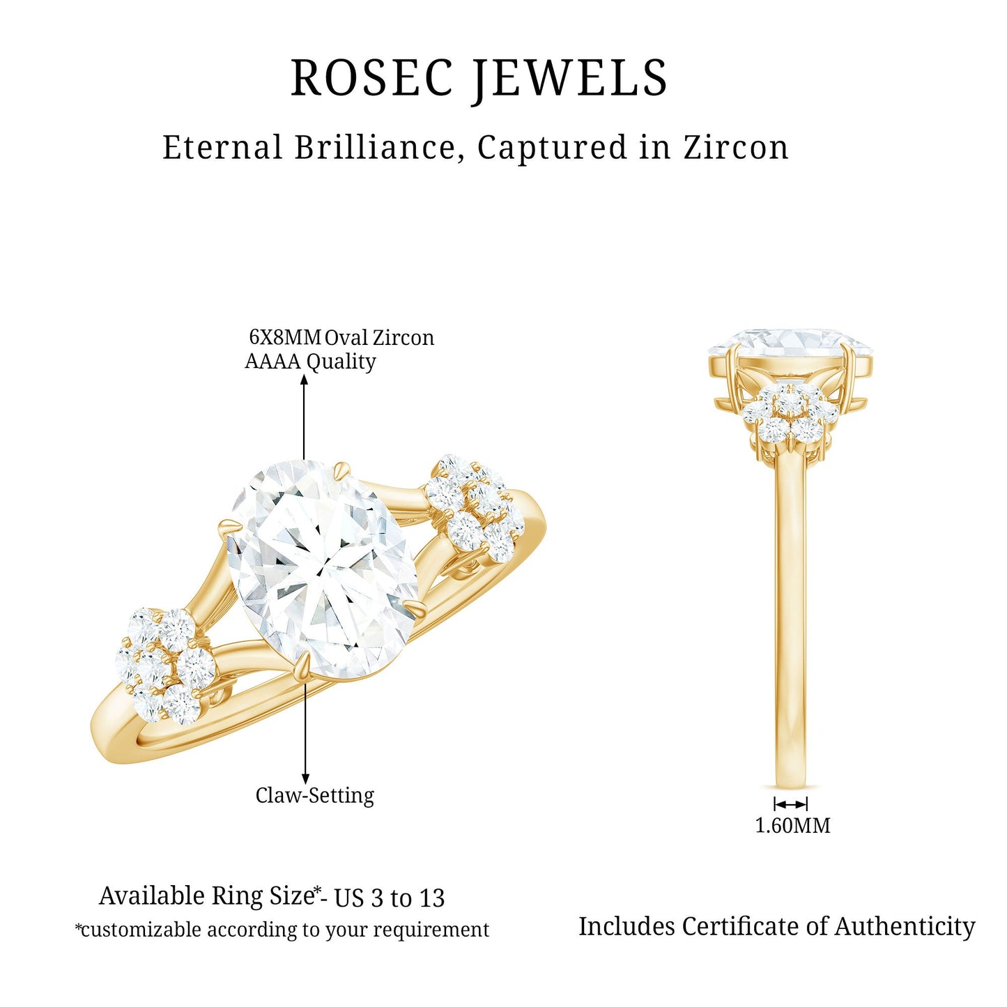 1 Carat Oval Cut Zircon Flower Engagement Ring with Split Shank