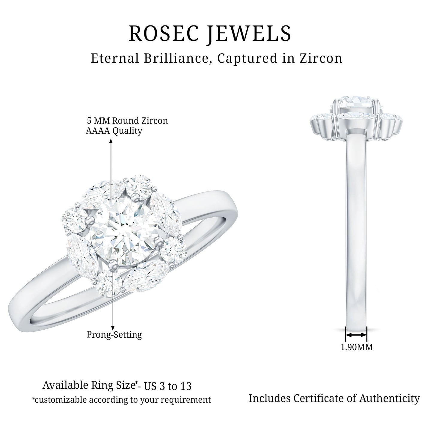 1.25 CT Round and Marquise Zircon Minimal Engagement Ring in Prong Setting