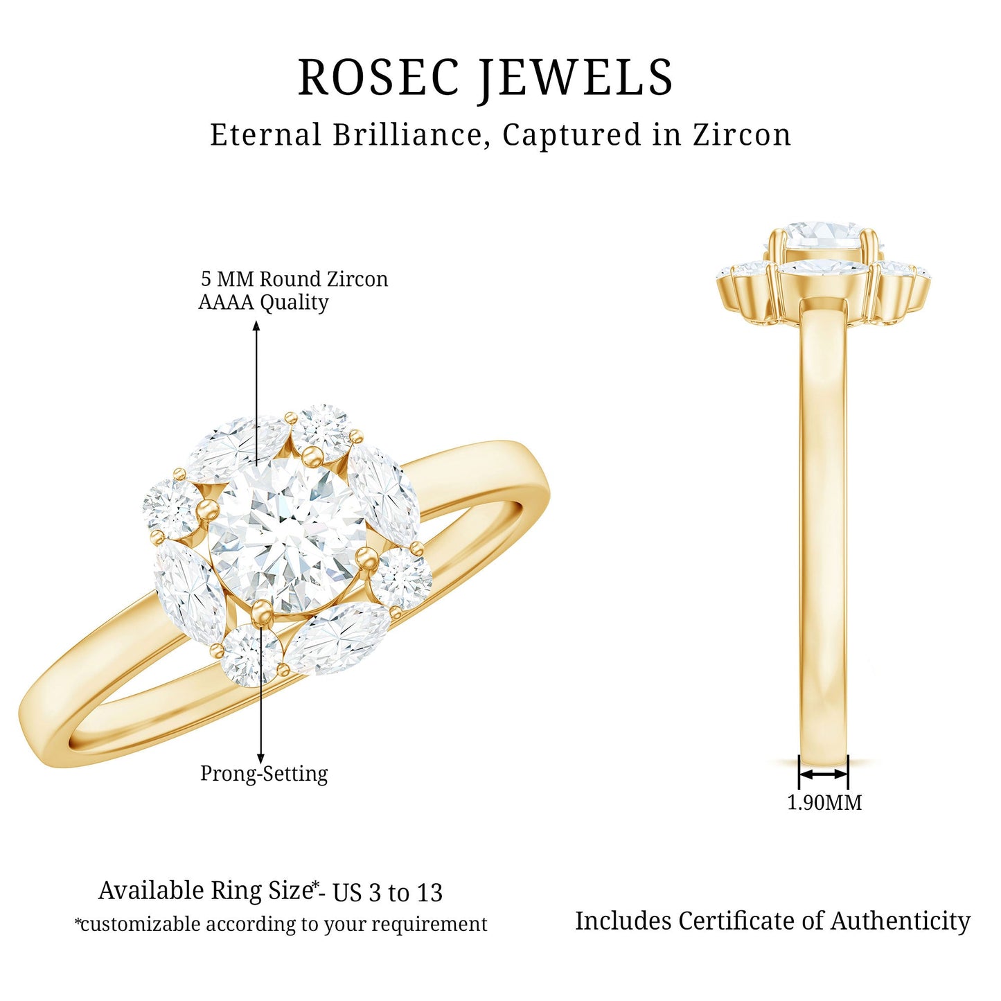1.25 CT Round and Marquise Zircon Minimal Engagement Ring in Prong Setting