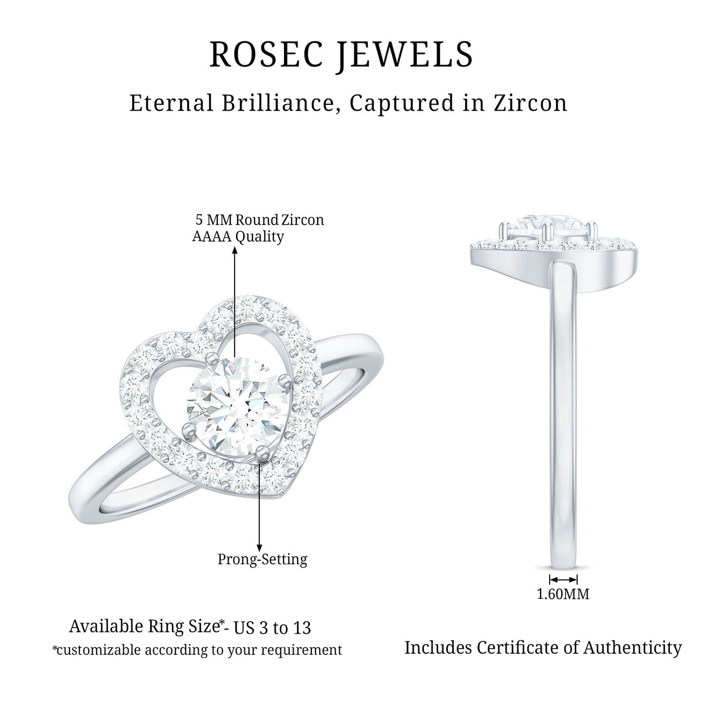 1 CT Round Cut Zircon Heart Engagement Ring with Halo