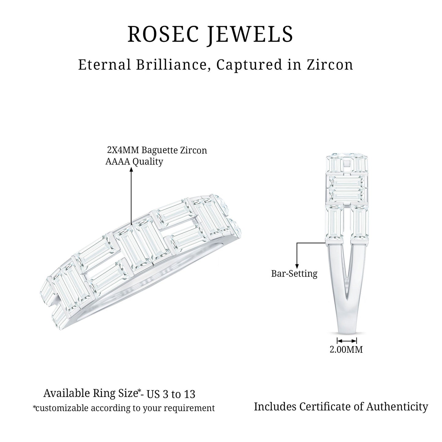 Baguette Cut Zirconia Half Eternity Wedding Band Ring