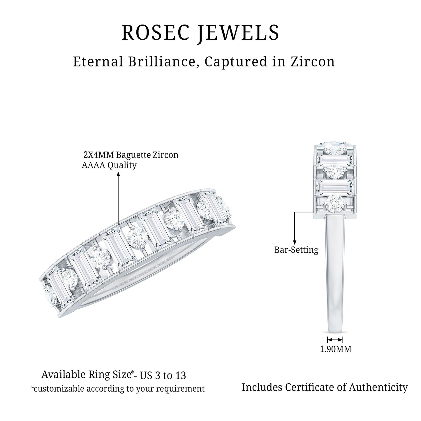 Baguette and Round Cut Zircon Classic Half Eternity Ring