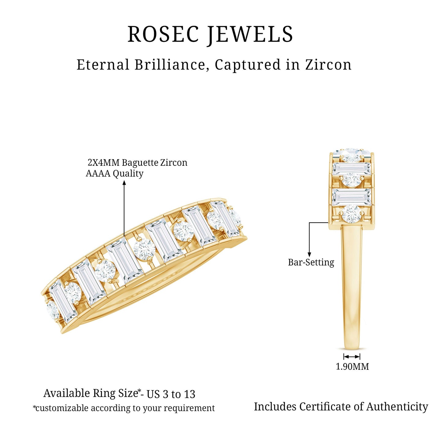 Baguette and Round Cut Zircon Classic Half Eternity Ring