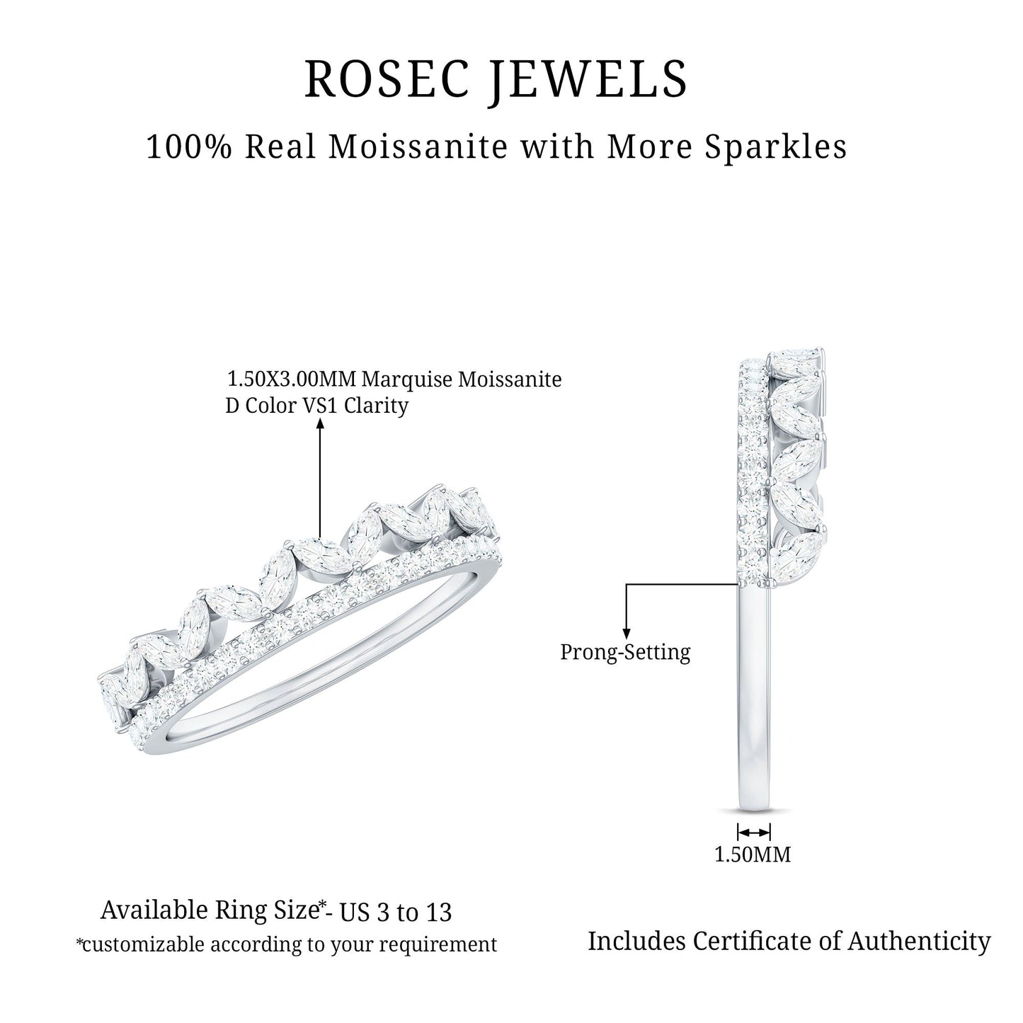 1 CT Moissanite Half Eternity Band Ring in Prong Setting