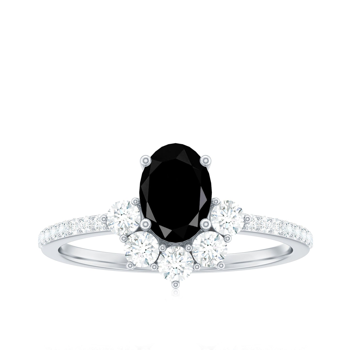 6X8mm Oval Cut Black Onyx Designer Engagement Ring with Diamond Half Halo