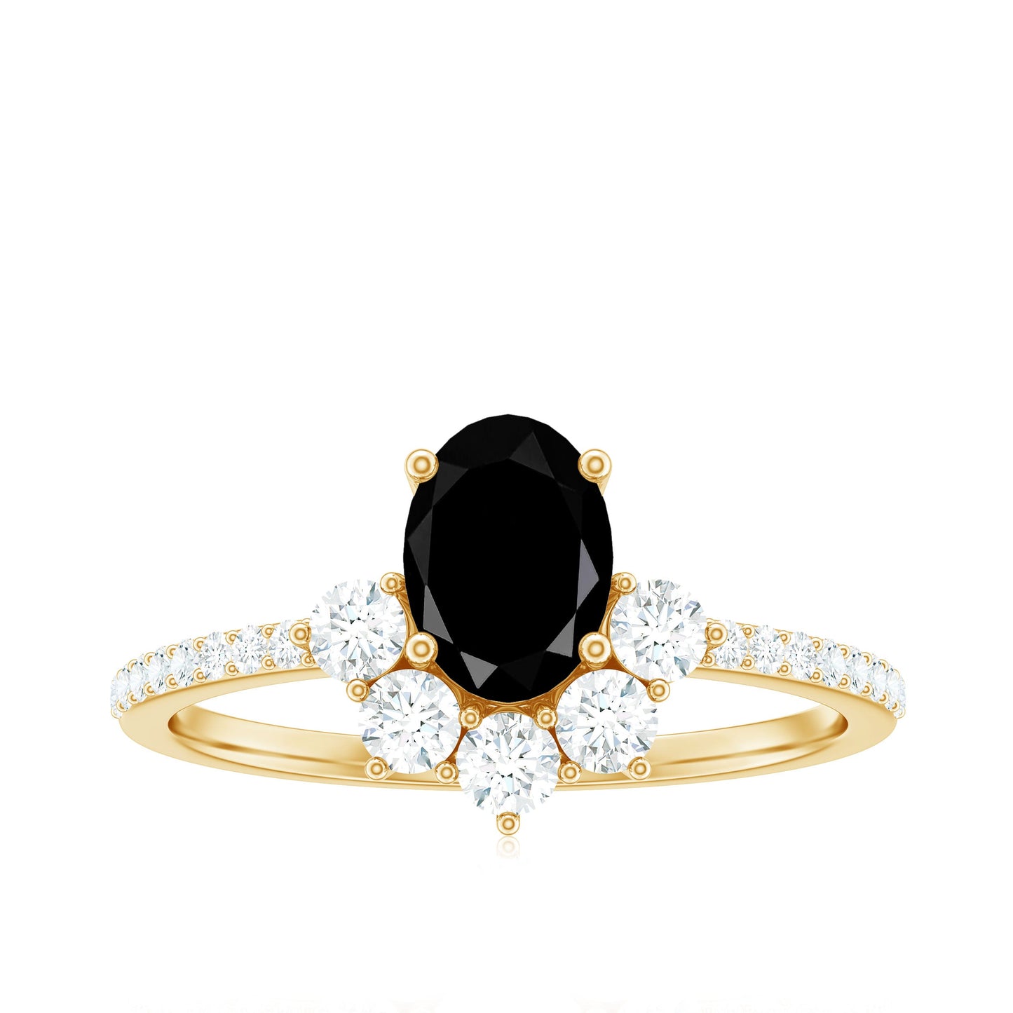 6X8mm Oval Cut Black Onyx Designer Engagement Ring with Diamond Half Halo