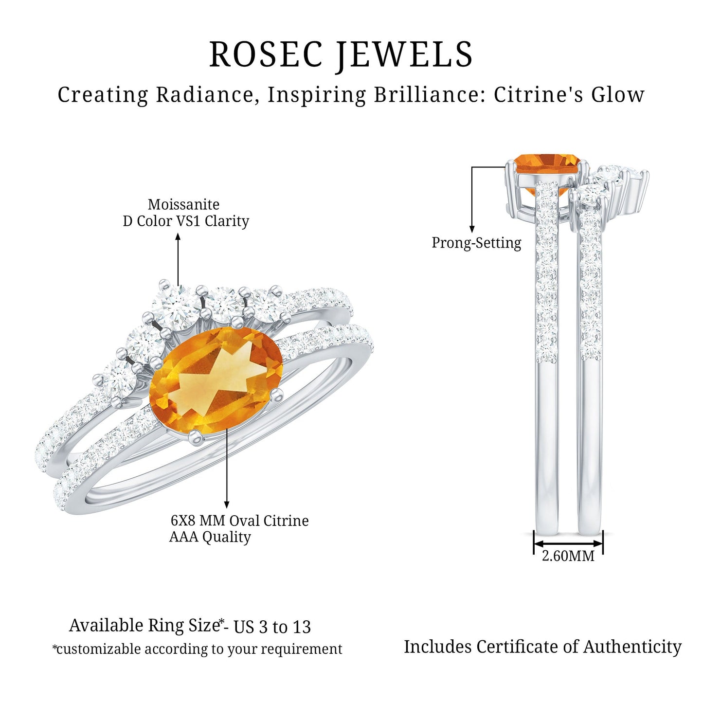 Natural Citrine Moissanite Oval Engagement Ring with Enhancer