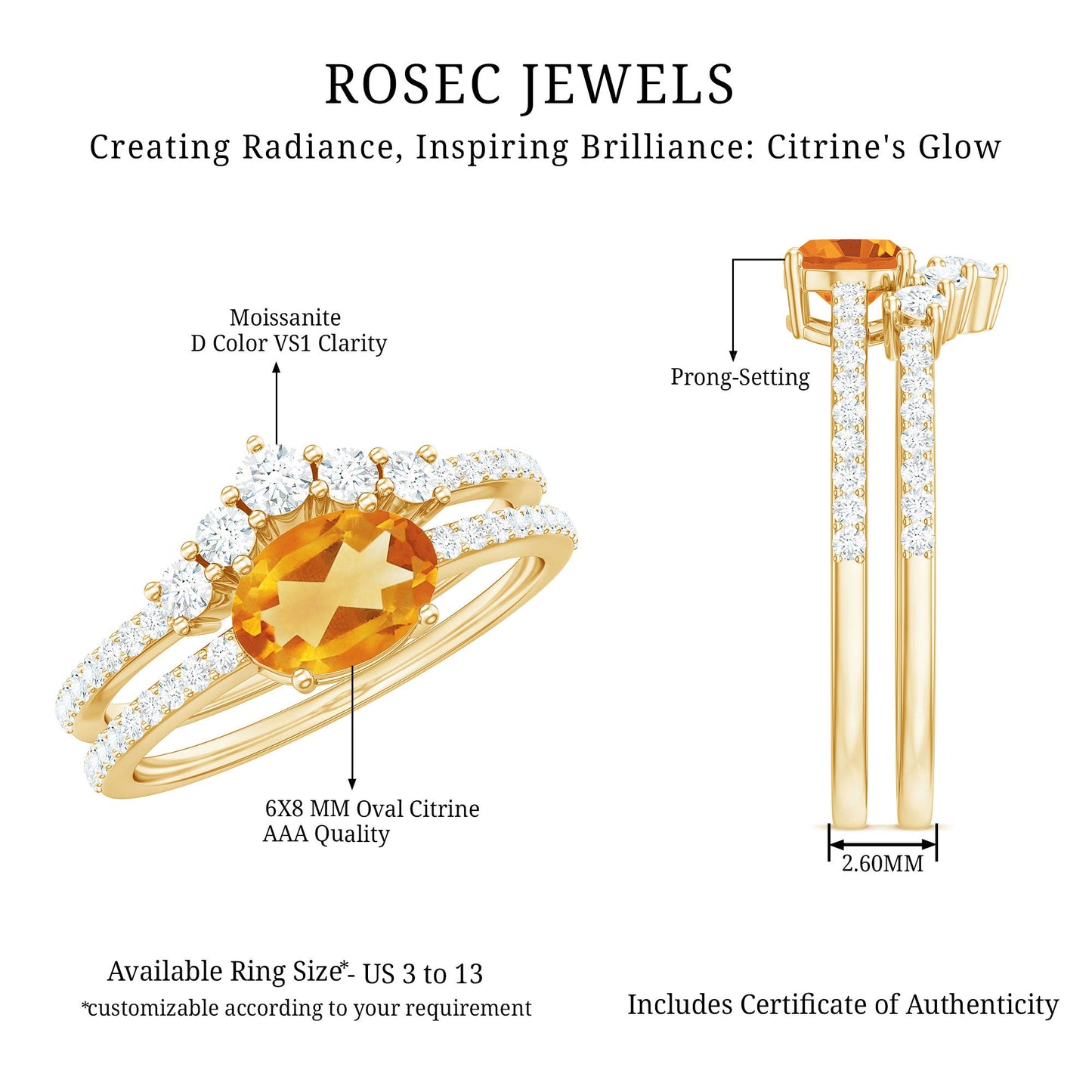 Natural Citrine Moissanite Oval Engagement Ring with Enhancer
