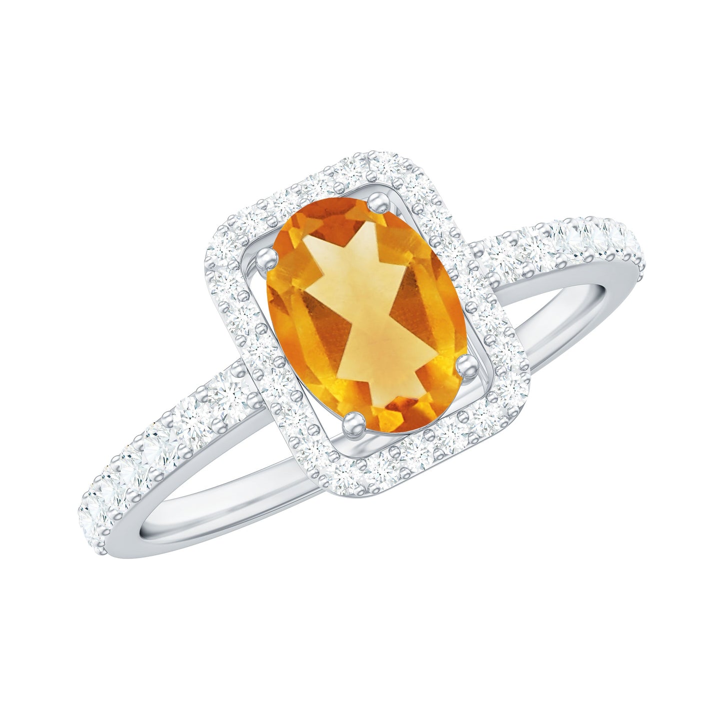 Real 6X8mm Yellow Citrine Oval Engagement Ring with Moissanite Halo