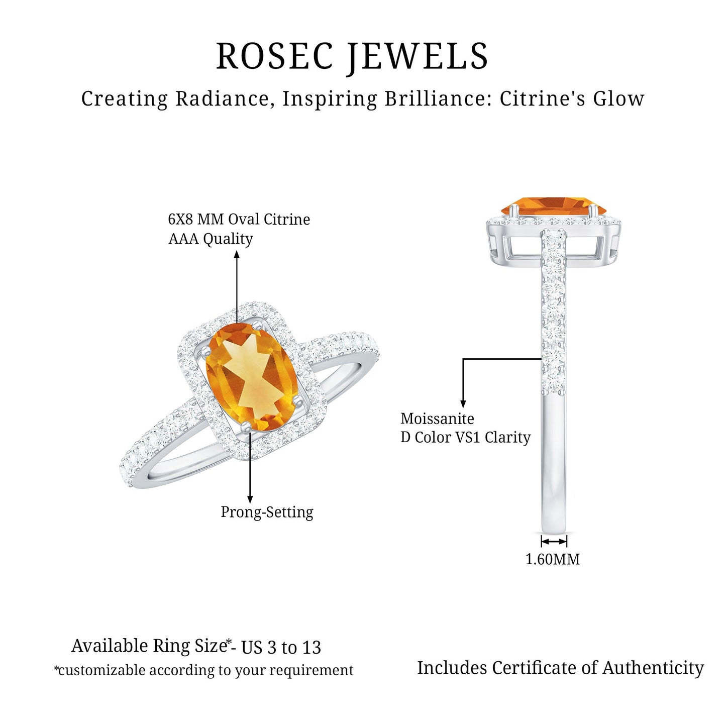 Real 6X8mm Yellow Citrine Oval Engagement Ring with Moissanite Halo