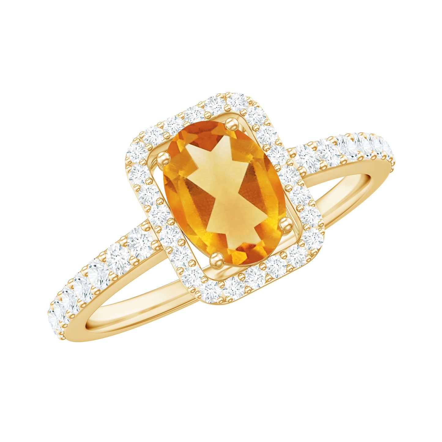 Real 6X8mm Yellow Citrine Oval Engagement Ring with Moissanite Halo