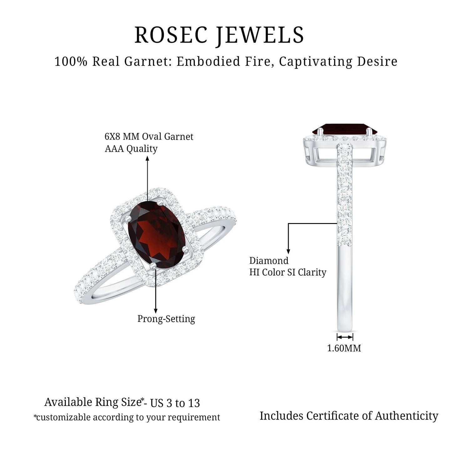 Classic 6X8mm Garnet Oval Engagement Ring with Diamond Halo