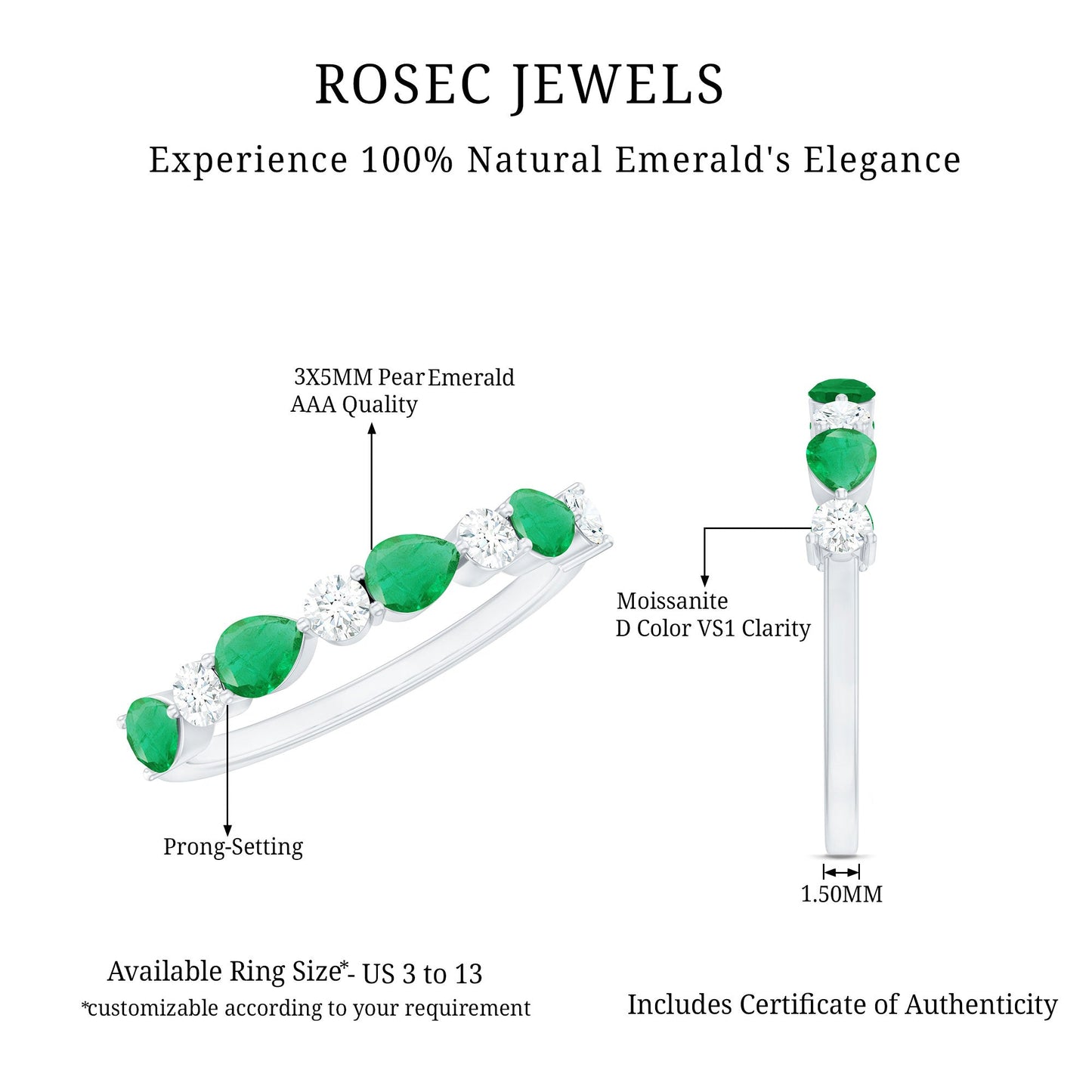 Real Pear Shape Emerald Moissanite Half Eternity Ring in East West Style