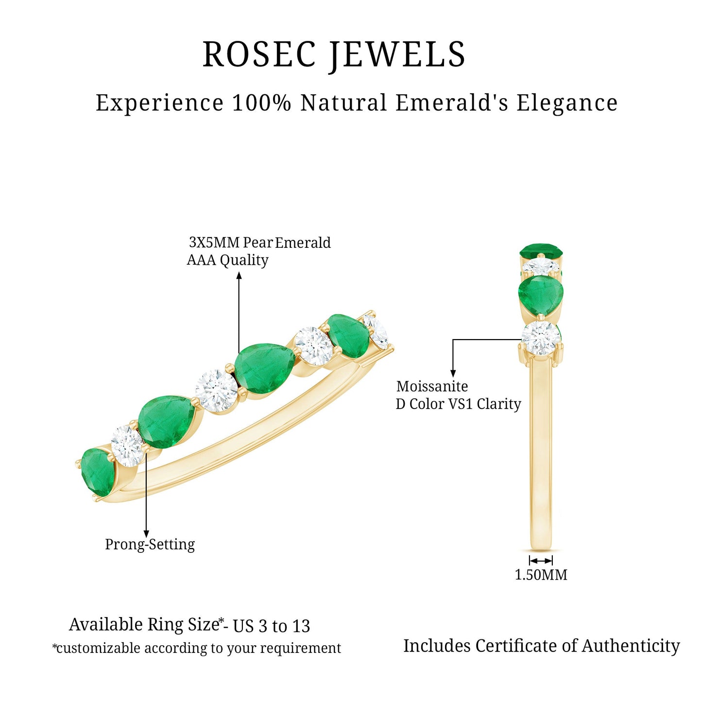 Real Pear Shape Emerald Moissanite Half Eternity Ring in East West Style