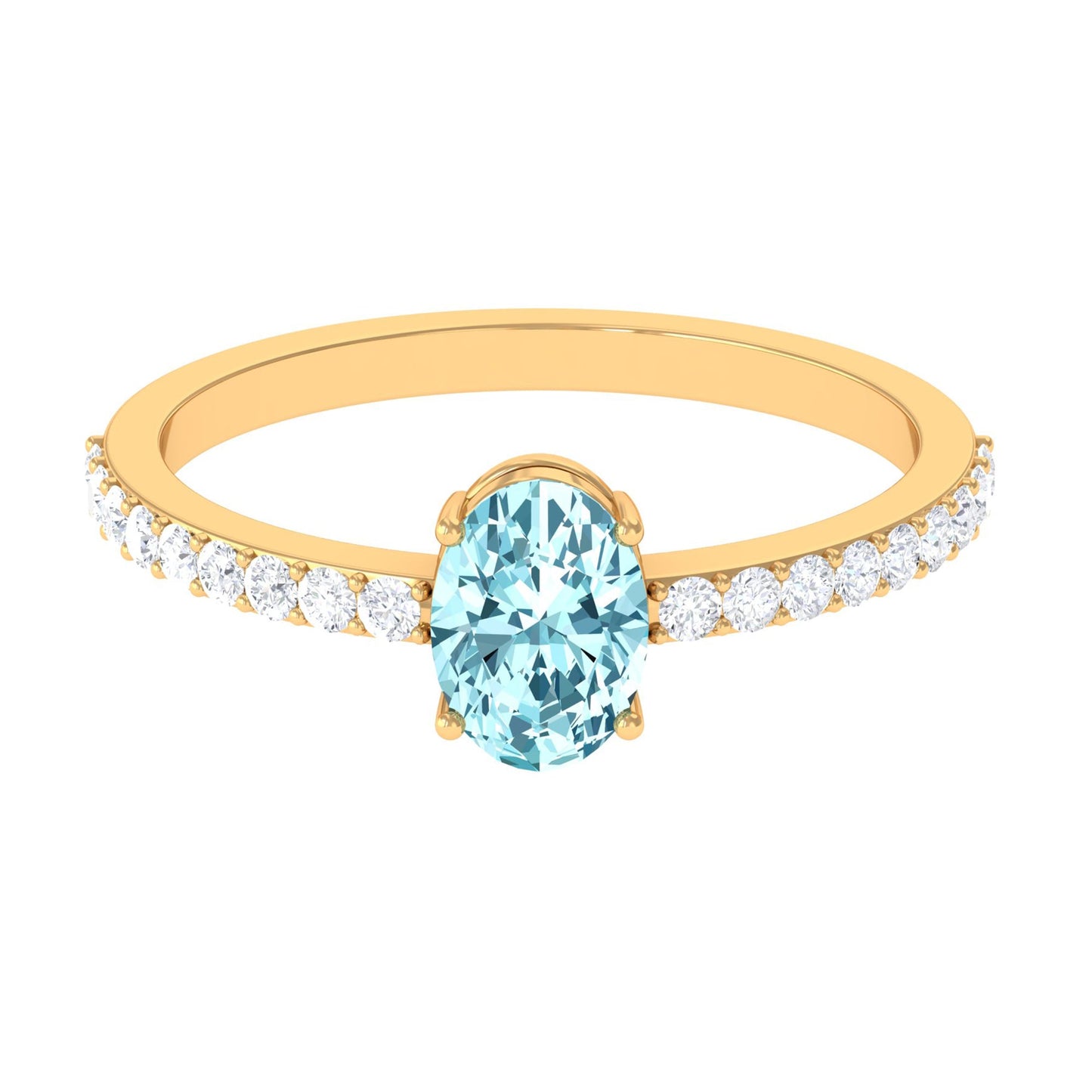Genuine 6X8mm Solitaire Aquamarine Oval Engagement Ring with Diamond