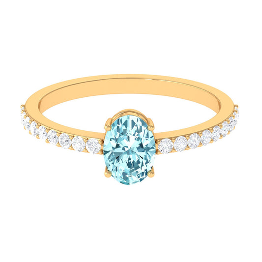 Genuine 6X8mm Solitaire Aquamarine Oval Engagement Ring with Diamond