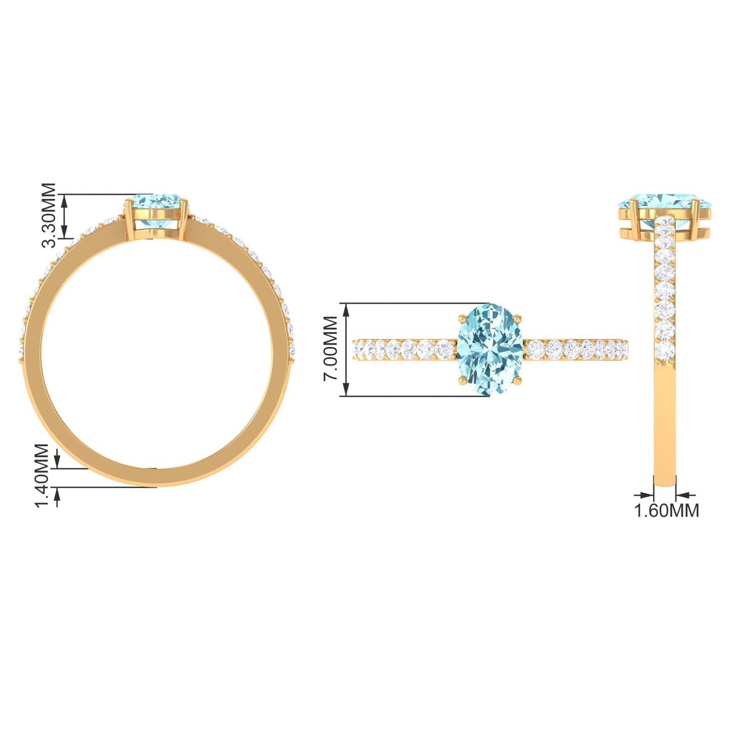 Genuine 6X8mm Solitaire Aquamarine Oval Engagement Ring with Diamond