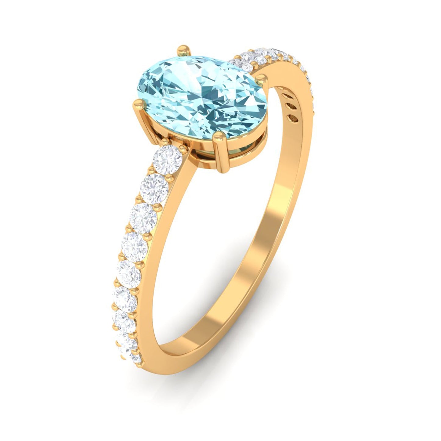 Genuine 6X8mm Solitaire Aquamarine Oval Engagement Ring with Diamond