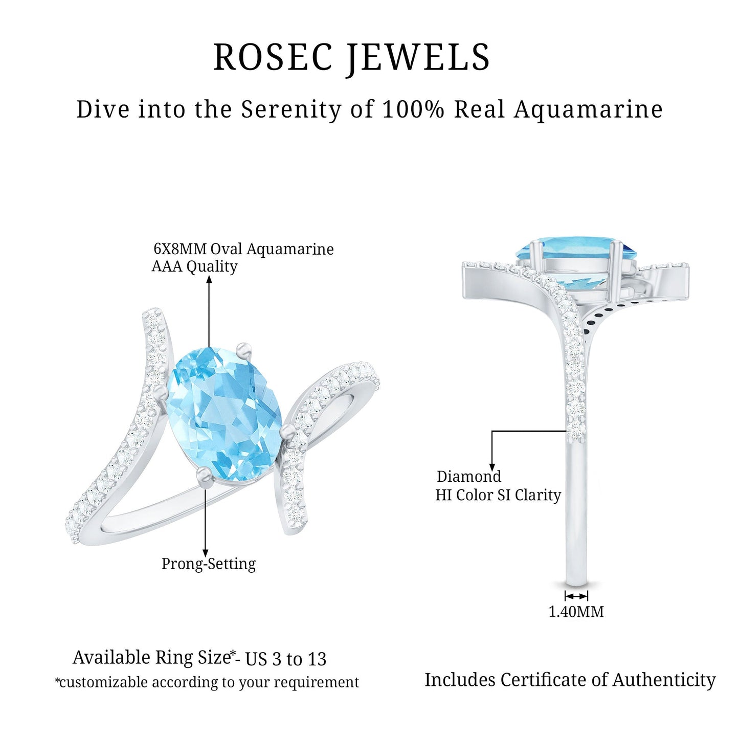 Real 6X8mm Aquamarine Oval Engagement Ring with Diamond Bypass Shank
