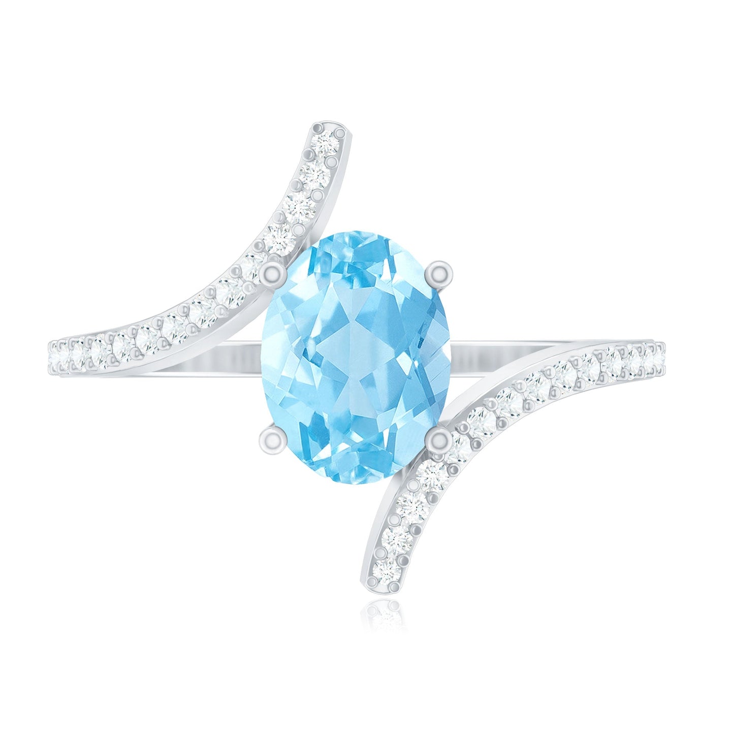 Real 6X8mm Aquamarine Oval Engagement Ring with Diamond Bypass Shank