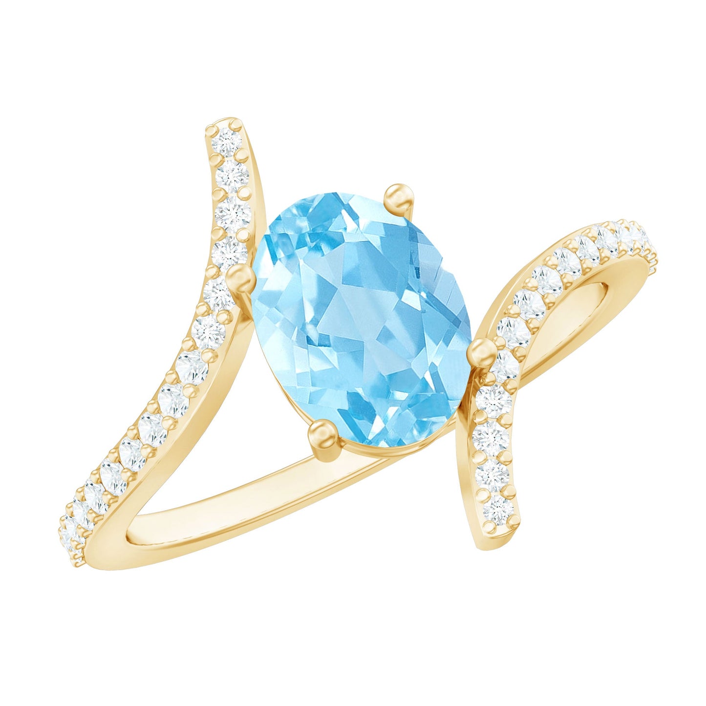 Real 6X8mm Aquamarine Oval Engagement Ring with Diamond Bypass Shank