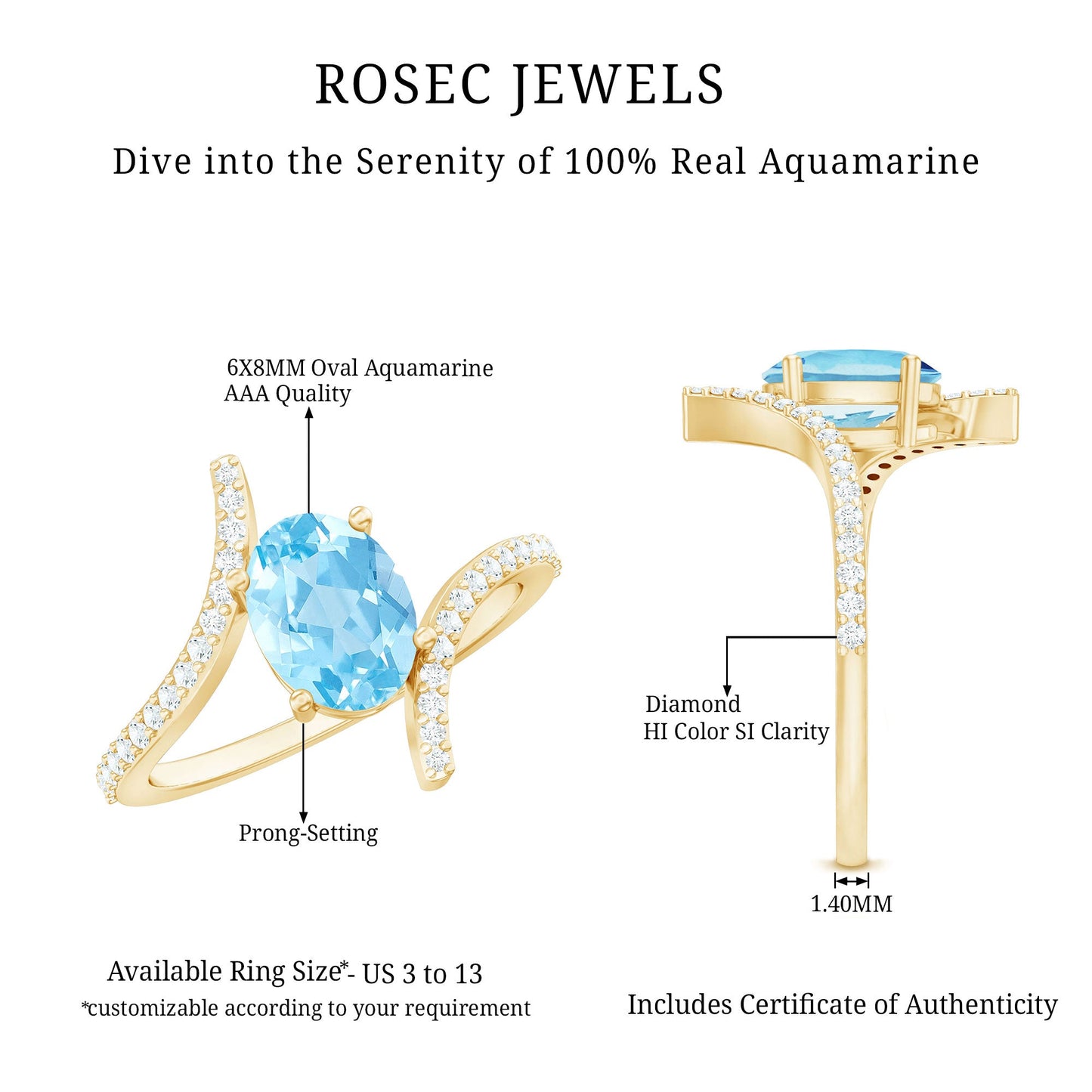 Real 6X8mm Aquamarine Oval Engagement Ring with Diamond Bypass Shank