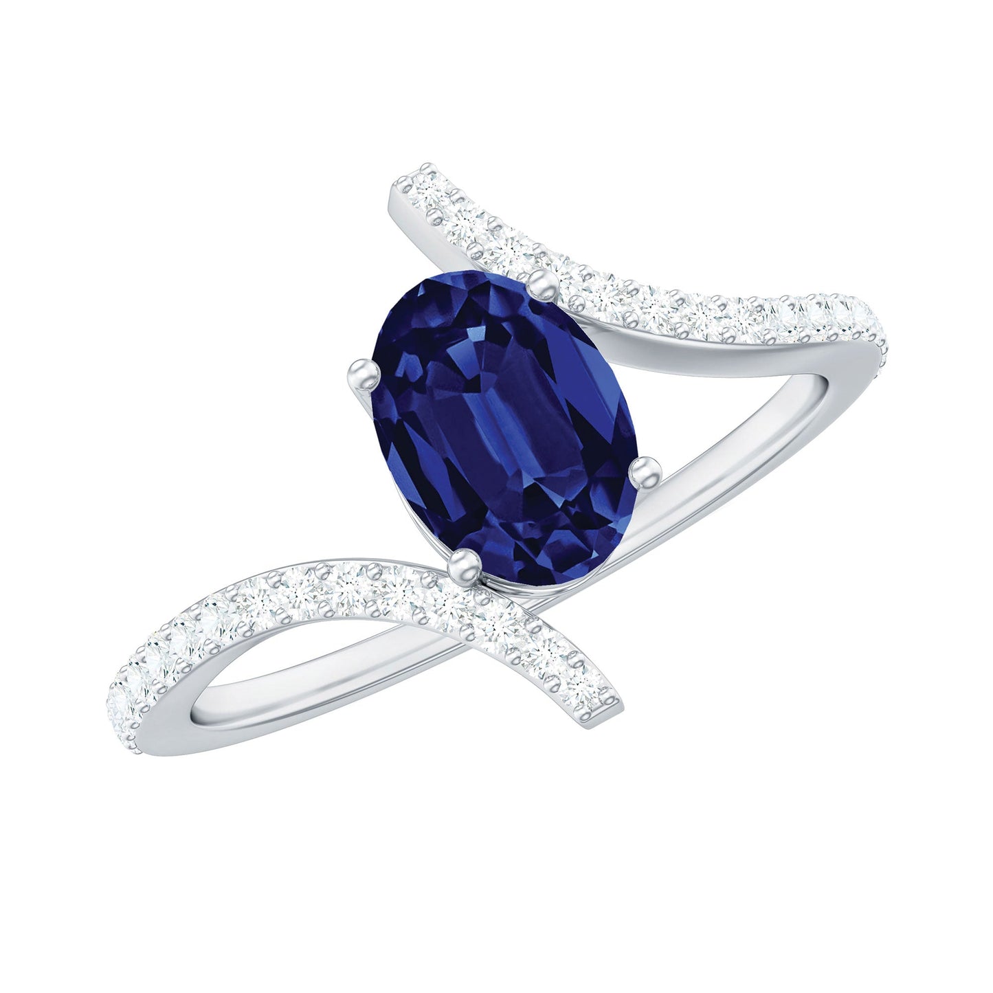 5X7 mm Oval Cut Lab Created Blue Sapphire Bypass Solitaire Ring with Diamond