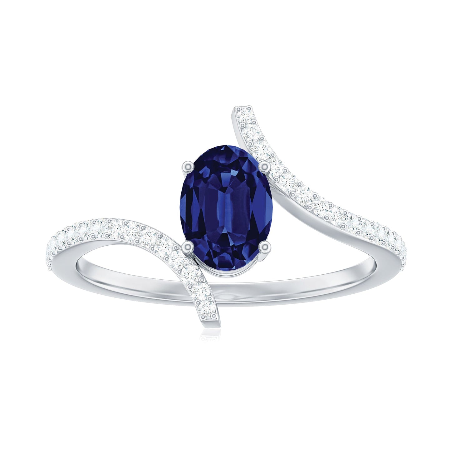 5X7 mm Oval Cut Lab Created Blue Sapphire Bypass Solitaire Ring with Diamond