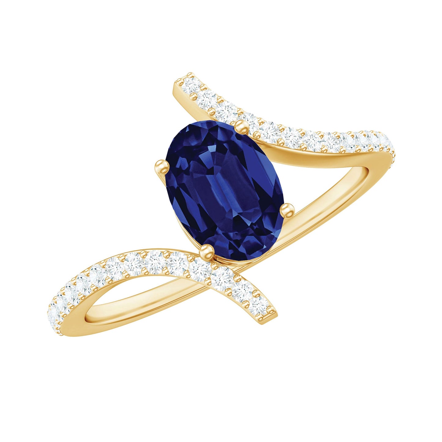 5X7 mm Oval Cut Lab Created Blue Sapphire Bypass Solitaire Ring with Diamond