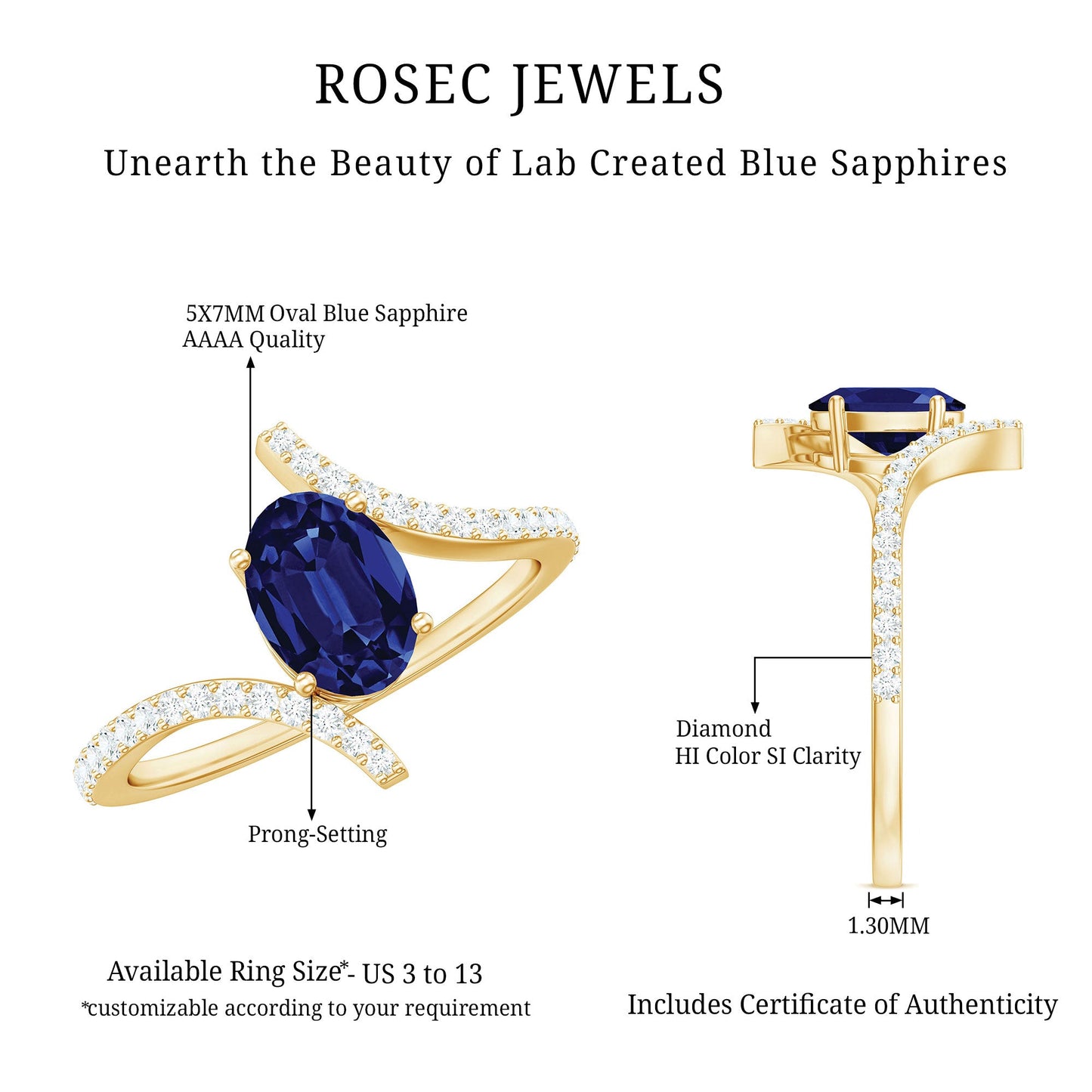 5X7 mm Oval Cut Lab Created Blue Sapphire Bypass Solitaire Ring with Diamond
