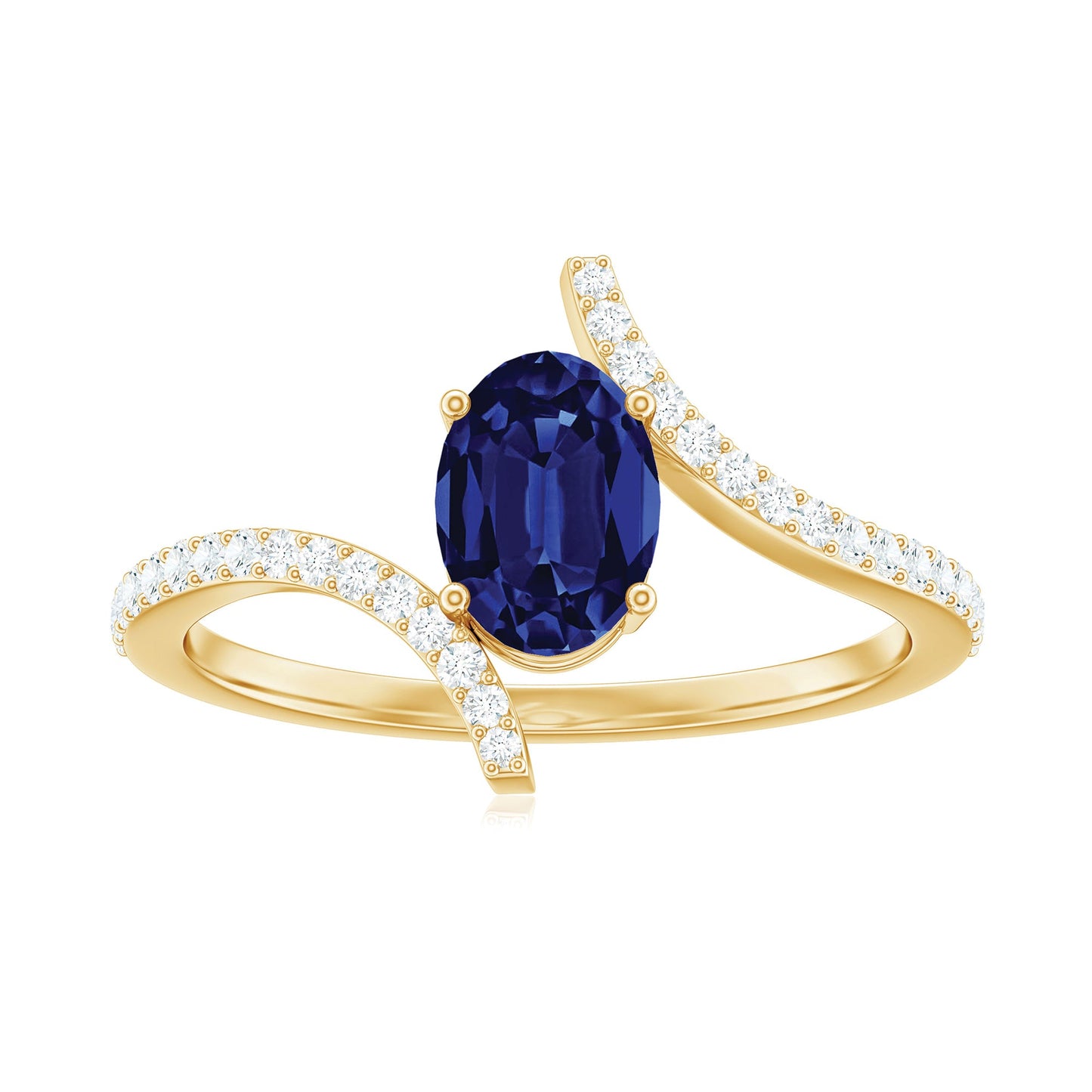 5X7 mm Oval Cut Lab Created Blue Sapphire Bypass Solitaire Ring with Diamond