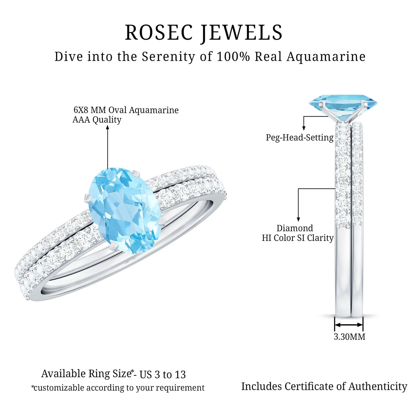 Natural Aquamarine Diamond Oval Engagement Ring with Wedding Band